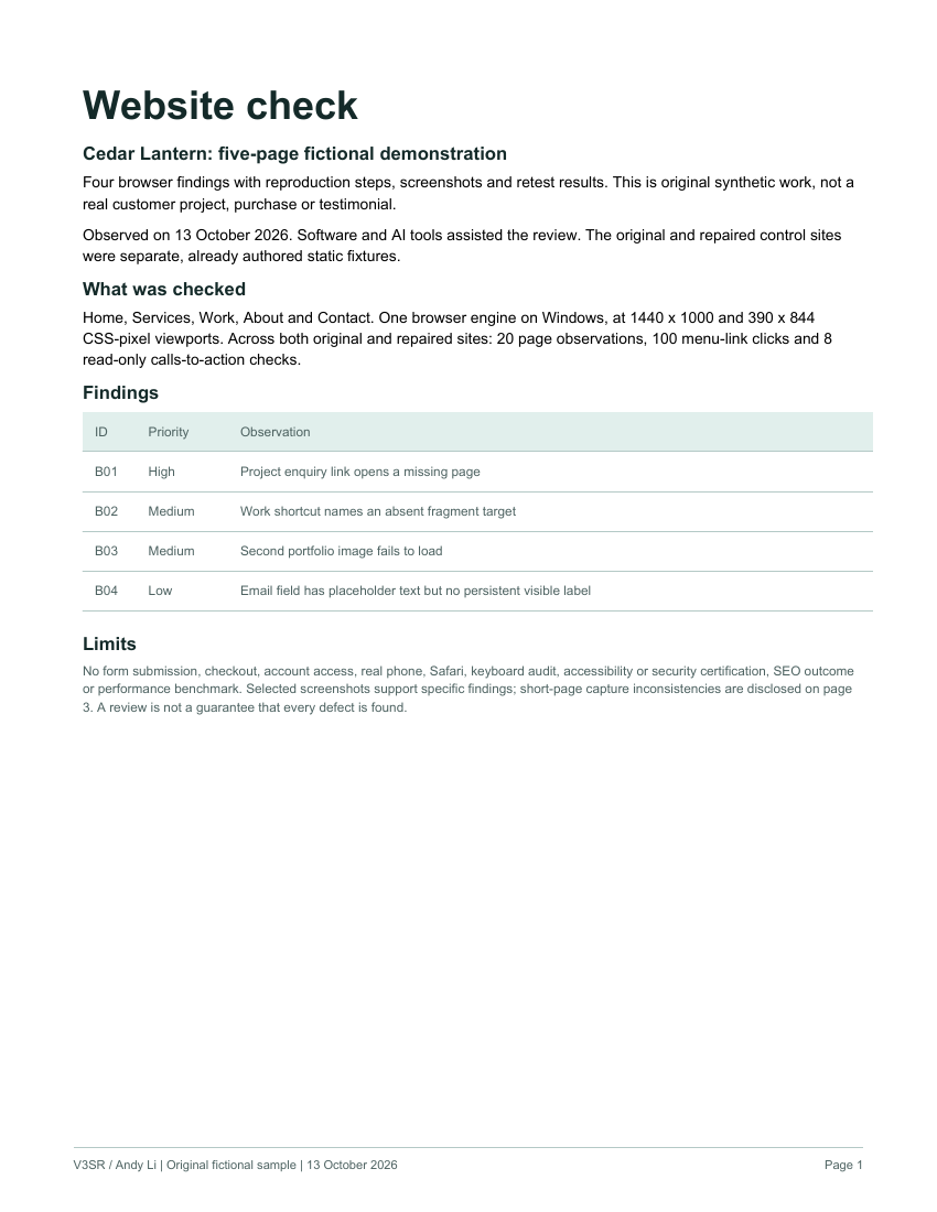 First page of an original fictional browser website-check report, describing four findings and the tested scope